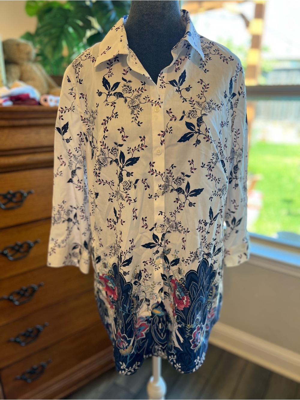 Chico's White Tunic Shirt with Navy Floral Print and Pink Accents